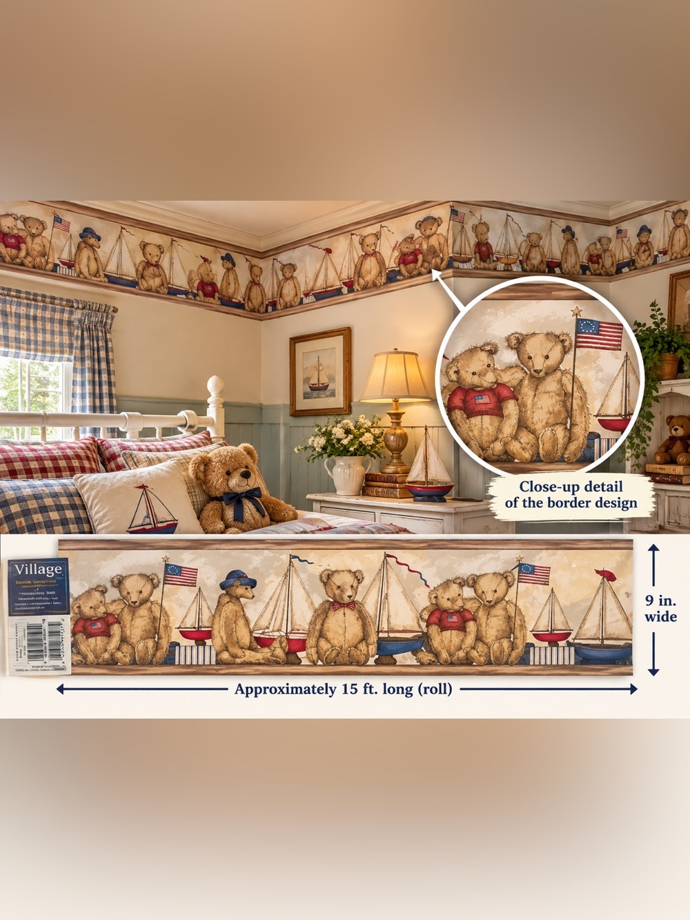 Vintage Village O.S.S. Wallcoverings Teddy Bear Nautical Wallpaper Border - 2